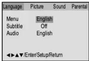 Language Picture Sound Parental Menu English Subtitle Off Audio English ◀▶▲▼/Enter/Setup/Return