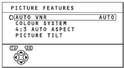 PICTURE FEATURES AUTO VNR AUTO COLOUR SYSTEM 4:3 AUTO ASPECT PICTURE TILT TV OK