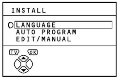 INSTALL ○LANGUAGE AUTO PROGRAM EDIT/MANUAL TV OK