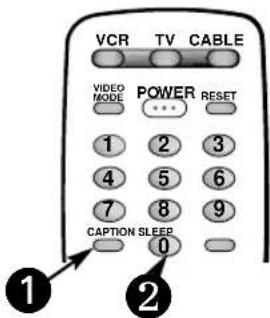 VCR TV CABLE VIDEO MODE POWER RESET 1 2 3 4 5 6 7 8 9 CAPTION SLEEP 0 ① ②