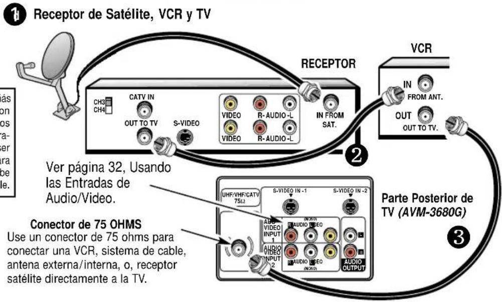 1 Receptor de Satélite, VCR y TV VCR IN FROM ANT. OUT OUT TO TV. 2 RECEPTOR CH3 CH4 CATV IN OUT TO TV S-VIDEO VIDEO R-AUDIO-L VIDEO R-AUDIO-L IN FROM SAT. Ver página 32, Usando las Entradas de Audio/Video. Conector de 75 OHMS Use un conector de 75 ohms para conectar una VCR, sistema de cable, antenna externa/interna, o, receptor satélite directamente a la TV. Parte Posterior de TV (AVM-3680G) 3