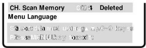CH. Scan Memory 034 Deleted Menu Language SearchChannel using xV0-9 keys Please MEAN Key to exit