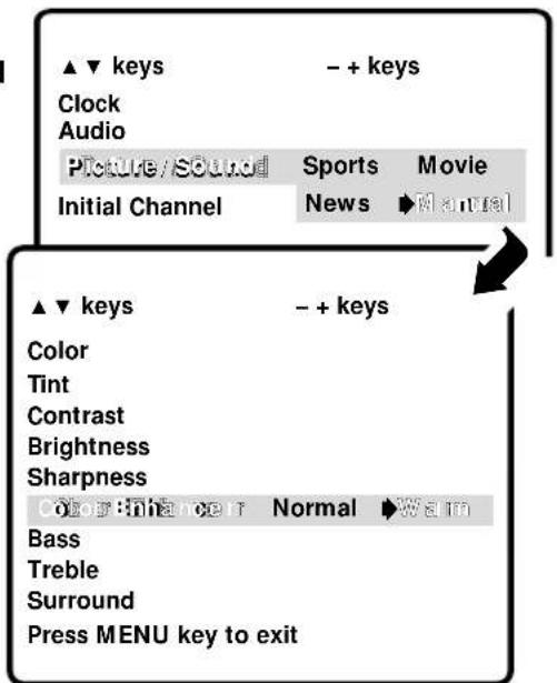 ▲▼ keys - + keys Clock Audio Picture / Sound Sports Movie Initial Channel News Normal ▲▼ keys - + keys Color Tint Contrast Brightness Sharpness Color: Normal Normal Normal Bass Treble Surround Press MENU key to exit
