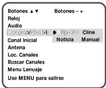 Botones ▲▼ Reloj Audio Imagen/Sonido Canal Inicial Antena Loc. Canales Buscar Canales Menu Lenuaje Use MENU para salirse Botones - + Déporte Cline Noticia Manual