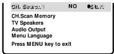 CH. Search NO Start CH.Scan Memory TV Speakers Audio Output Menu Language Press MENU key to exit