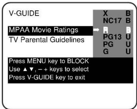 V-GUIDE MPAA Movie Ratings TV Parental Guidelines Press MENU key to BLOCK Use ▲▼, − + keys to select Press V-GUIDE key to exit