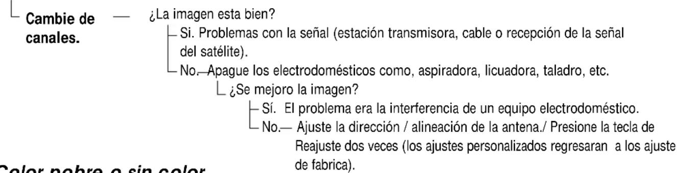 Cambie de canales. — ¿La imagen esta bien? Si. Problemas con la señal (estación transmisora, cable o recepción de la señal del satélite). No.—Apague los electrodomésticos como, aspiradora, licuadora, taladro, etc. ¿Se mejoró la imagen? Sí. El problema era la interferencia de un equipo electrodoméstico. No.— Ajuste la dirección / alineación de la antena./ Presione la tecla de Reajuste dos veces (los ajustes personalizados regresaran a los ajuste de fabrica).