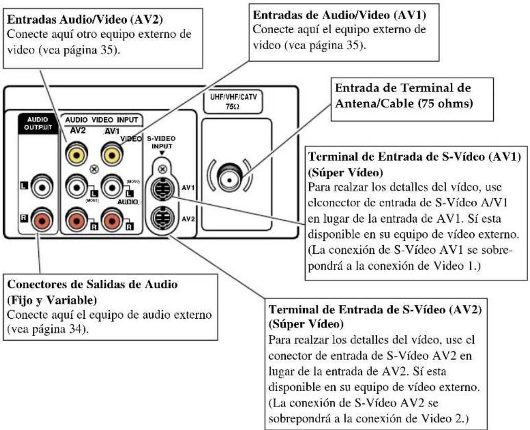 Entradas Audio/Video (AV2) Conecte aquí otro equipo externo de video (vea página 35). Entradas de Audio/Video (AV1) Conecte aquí el equipo externo de video (vea página 35). UHF/VHF/CATV 75Ω Entrada de Terminal de Antena/Cable (75 ohms) AUDIO OUTPUT AUDIO VIDEO INPUT AV2 AV1 VIDEO S-VIDEO INPUT AV1 AV2 Terminal de Entrada de S-Vídeo (AV1) (Súper Vídeo) Para realizar los detalles del vídeo, use elconector de entrada de S-Vídeo A/V1 en lugar de la entrada de AV1. Sí esta disponible en su equipo de vídeo externo. (La conexión de S-Vídeo AV1 se sobre- pondrá a la conexión de Video 1.) Conectores de Salidas de Audio (Fijo y Variable) Conecte aquí el equipo de audio externo (vea página 34). Terminal de Entrada de S-Vídeo (AV2) (Súper Vídeo) Para realizar los detalles del vídeo, use el conector de entrada de S-Vídeo AV2 en lugar de la entrada de AV2. Sí esta disponible en su equipo de vídeo externo. (La conexión de S-Vídeo AV2 se sobrepondrá a la conexión de Video 2.)