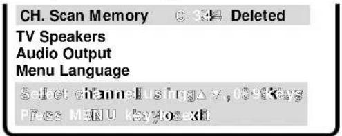 CH. Scan Memory © 334 Deleted TV Speakers Audio Output Menu Language Set of channelusing v, C# keys Press MENU key/obexh