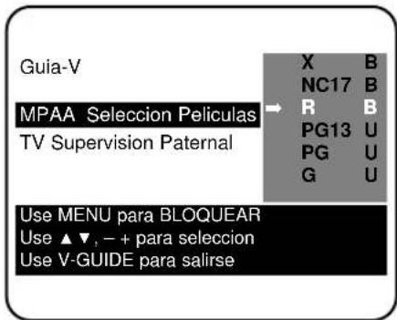 Guia-V MPAA Selección Películas TV Supervision Paternal → X B NC17 B R B PG13 U PG U G U Use MENU para BLOQUEAR Use ▲▼, − + para selección Use V-GUIDE para salirse