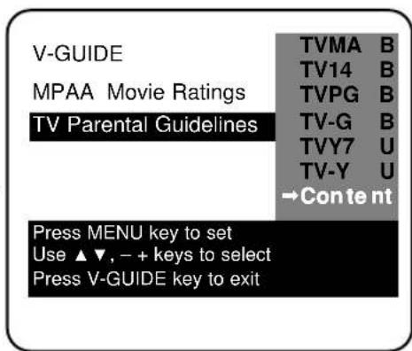 V-GUIDE MPAA Movie Ratings TV Parental Guidelines Press MENU key to set Use ▲▼, - + keys to select Press V-GUIDE key to exit
