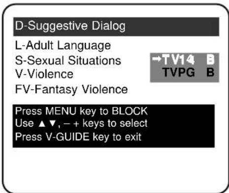 D-Suggestive Dialog L-Adult Language S-Sexual Situations V-Violence FV-Fantasy Violence →TV14 B TVPG B Press MENU key to BLOCK Use ▲▼, - + keys to select Press V-GUIDE key to exit