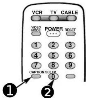VCR TV CABLE VIDEO MODE POWER RESET 1 2 3 4 5 6 7 8 9 CAPTION SLEEP 0 ① ②