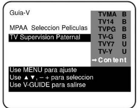 Guia-V MPAA Selección Películas TV Supervision Paternal TVMA B TV14 B TVPG B TV-G B TVY7 U TV-Y U → Content Use MENU para ajuste Use ▲▼, - + para seleccion Use V-GUIDE para salirse