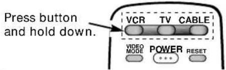 Press button and hold down. VCR TV CABLE VIDEO MODE POWER RESET