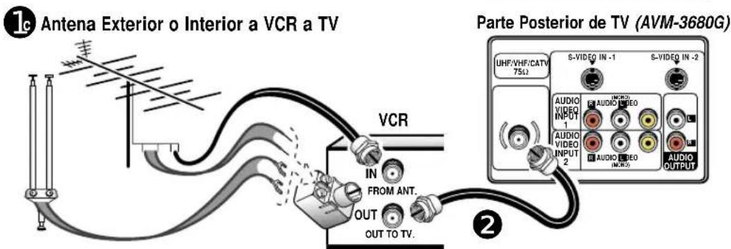 1c Antena Exterior o Interior a VCR a TV VCR IN FROM ANT. OUT OUT TO TV. Parte Posterior de TV (AVM-3680G) UHF/VHF/CATV 75Ω S-VIDEO IN -1 S-VIDEO IN -2 AUDIO VIDEO INPUT 1 AUDIO VIDEO INPUT 2 AUDIO VIDEO INPUT AUDIO OUTPUT