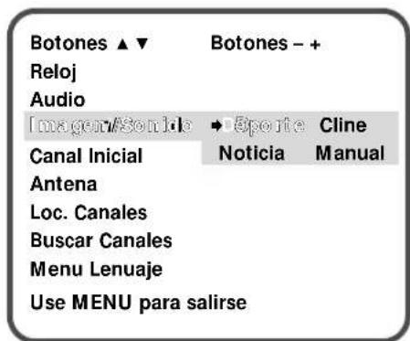 Botones ▲▼ Reloj Audio Imagen/Sonido Canal Inicial Antena Loc. Canales Buscar Canales Menu Lenuaje Use MENU para salirse Botones - + → Eporte Cline Noticia Manual