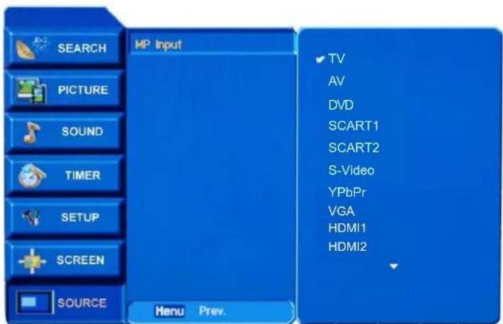 SEARCH PICTURE SOUND TIMER SETUP SCREEN SOURCE MP Input Menu Prev. TV AV DVD SCART1 SCART2 S-Video YPbPr VGA HDMI1 HDMI2
