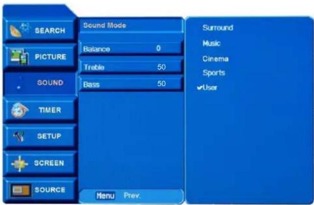 SEARCH PICTURE SOUND TIMER SETUP SCREEN SOURCE Sound Mode Balance 0 Treble 50 Bass 50 Menu Prev. Surround Music Cinema Sports User