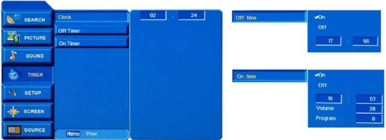 SEARCH PICTURE SOUND TIMER SETUP SCREEN SOURCE Clock Off Timer On Timer Menu Prev. 02 : 24 Off time On Off 17 : 56 On time On Off 19 : 57 Volume : 28 Program : 8