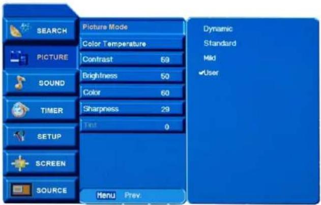 SEARCH PICTURE SOUND TIMER SETUP SCREEN SOURCE Picture Mode Color Temperature Contrast 59 Brightness 50 Color 60 Sharpness 29 Test 0 Menu Prev. Dynamic Standard Mild User