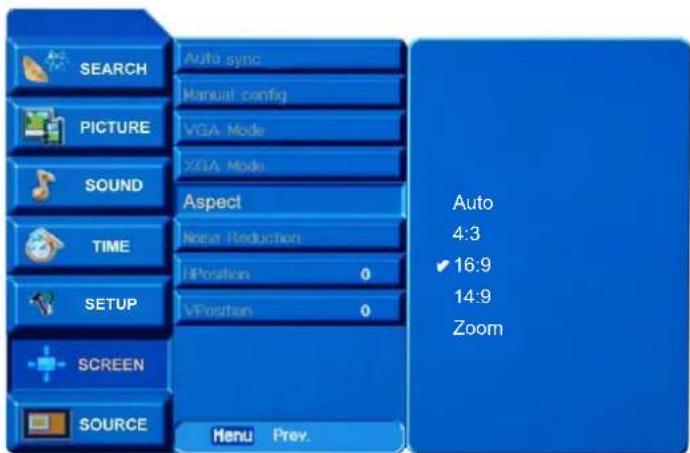 SEARCH PICTURE SOUND TIME SETUP SCREEN SOURCE Auto sync Manual config VGA Mode XGA Mode Aspect Noise Reduction Position 0 Position 0 Auto 4:3 ✓ 16:9 14:9 Zoom Menu Prev.