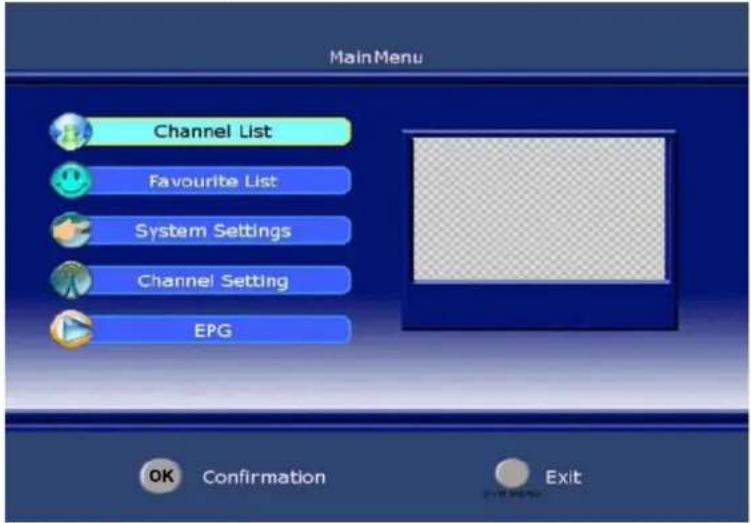 MainMenu Channel List Favourite List System Settings Channel Setting EPG OK Confirmation Exit