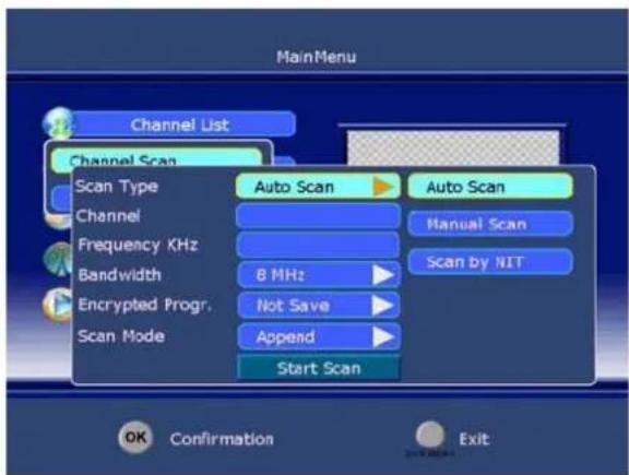MainMenu Channel List Channel Scan Scan Type Auto Scan Auto Scan Channel Frequency KHz 8 MHz Scan by NIT Bandwidth Not Save Encrypted Progr. Scan Mode Append Start Scan OK Confirmation Exit