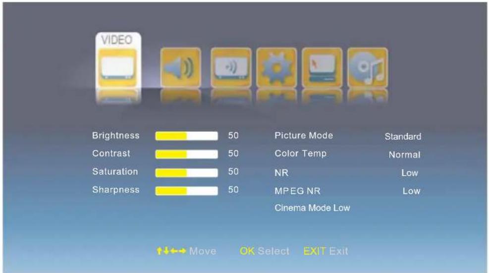 VIDEO Brightness 50 Picture Mode Standard Contrast 50 Color Temp Normal Saturation 50 NR Low Sharpness 50 MPEG NR Low Cinema Mode Low ↑←→ Move OK Select EXIT Exit