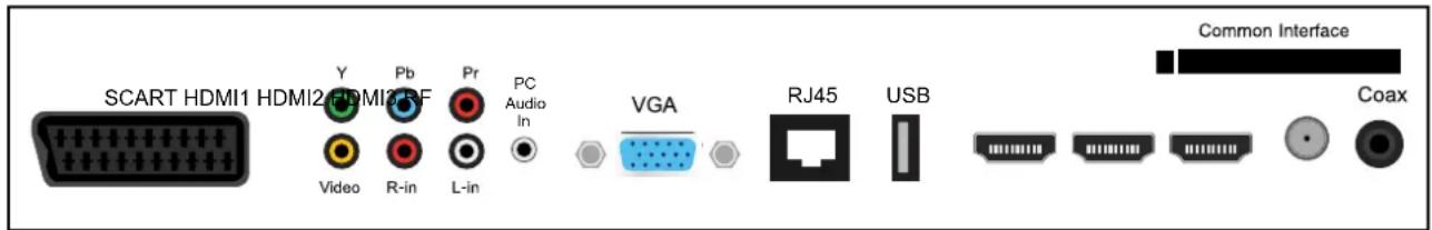 SCART HDMI1 HDMI2 HDMI2 RF Video R-in L-in PC Audio In VGA RJ45 USB Common Interface Coax