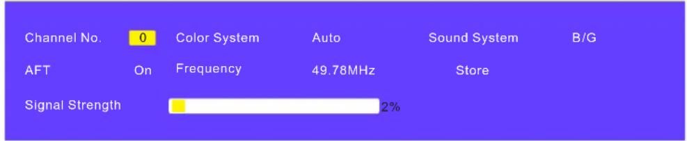 Channel No. 0 Color System Auto Sound System B/G AFT On Frequency 49.78MHz Store Signal Strength 2%
