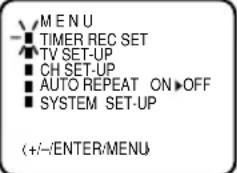 MENU ■ TIMER REC SET ■ TV SET-UP ■ CH SET-UP ■ AUTO REPEAT ON▶OFF ■ SYSTEM SET-UP (+/-)/ENTER/MENU