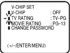 V-CHIP SET ■ V-CHIP : OFF ■ TV RATING : TV-PG ■ MOVIE RATING : PG-13 ■ CHANGE PASSWORD (+/-)/ENTER/MENU)