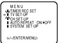MENU TIMER REC SET TV SET-UP CH SET-UP AUTO REPEAT ON OFF SYSTEM SET-UP (+/-)/ENTER/MENU)