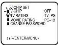 V-CHIP SET ■ V-CHIP : OFF ■ TV RATING : TV-PG ■ MOVIE RATING : PG-13 ■ CHANGE PASSWORD (+/-/ENTER/MENU)