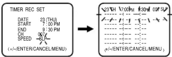 TIMER REC SET DATE 23 (THU) START 7:00 PM END 9:30 PM CH 007 SPEED -CLP- (+/-/ENTER/CANCEL/MENU)