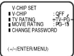 V-CHIP SET ■ V-CHIP : OFF ■ TV RATING -TV-PG ■ MOVIE RATING : PG-13 ■ CHANGE PASSWORD (+/-/ENTER/MENU)
