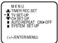 MENU TIMER REC SET TV SET-UP CH SET-UP AUTO REPEAT ON▶OFF SYSTEM SET-UP (+/-/ENTER/MENU)