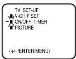 TV SET-UP V-CHIP SET ON/OFF TIMER PICTURE (+/-/ENTER/MENU)