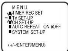 MENU ■TIMER REC SET ■TV SET-UP ■CH SET-UP ■AUTO REPEAT ON OFF ■SYSTEM SET-UP (+/-/ENTER/MENU)