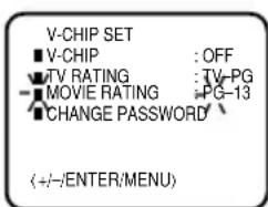 V-CHIP SET ■ V-CHIP : OFF ▼ TV RATING : TV-PG ■ MOVIE RATING : PG-13 ■ CHANGE PASSWORD (+/-/ENTER/MENU)