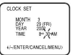 CLOCK SET MONTH 3 DAY 29 (FRI) YEAR 2002 TIME 8+30 AM +/-/ENTER/CANCEL/MENU>