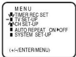 MENU ■ TIMER REC SET ■ TV SET-UP ■ CH SET-UP ■ AUTO REPEAT ON OFF ■ SYSTEM SET-UP (+/-/ENTER/MENU)