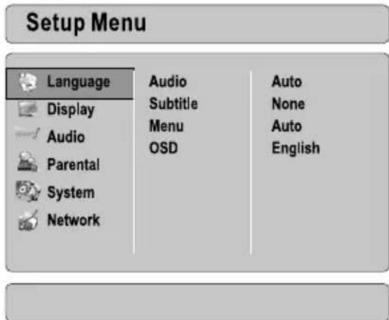 Setup Menu Language Display Audio Parental System Network Audio Subtitle Menu OSD Auto None Auto English
