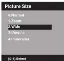 Picture Size 0.Normal 1.Zoom 2.Wide 3.Cinema 4.Panorama [0-4]:Select