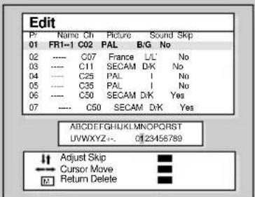 Edit P/ Name Ch Picture Sound Skip 01 FR1-1 C02 PAL B/G No 02 ---- C07 France L/L' No 03 ---- C11 SECAM DK No 04 ---- C25 PAL | No 05 ---- C35 PAL | No 06 ---- C50 SECAM DK Yes 07 ---- C50 SECAM DK Yes ABCDEFGHIJKLMNOPQRSTUVWXYZ-.. 0123456789 !! Adjust Skip Cursor Move Return Delete