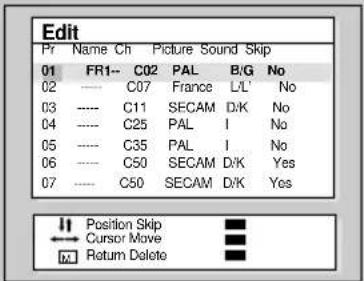 Edit Pr Name Ch Picture Sound Skip 01 FR1-- C02 PAL B/G No 02 ---- C07 France L/L' No 03 ---- C11 SECAM D/K No 04 ---- C25 PAL I No 05 ---- C35 PAL I No 06 ---- C50 SECAM D/K Yes 07 ---- C50 SECAM D/K Yes Position Skip Cursor Move Return Delete