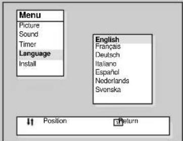 Menu Picture Sound Timer Language Install English Français Deutsch Italiano Español Nederlands Svenska Position Return