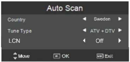 Auto Scan Country Sweden Tune Type ATV + DTV LCN Off Move OK Exit