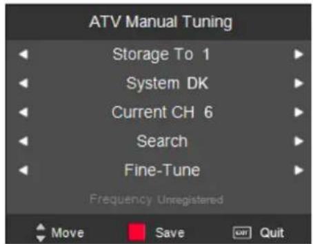 ATV Manual Tuning Storage To 1 System DK Current CH 6 Search Fine-Tune Frequency Unregistered Move Save Quit